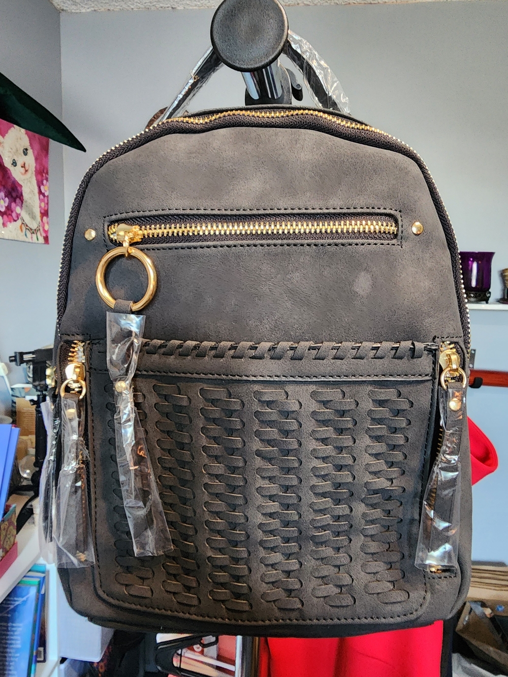 Violet Ray Black/Gray Suede-Style Mini Backpack with Gold Hardware NWT
